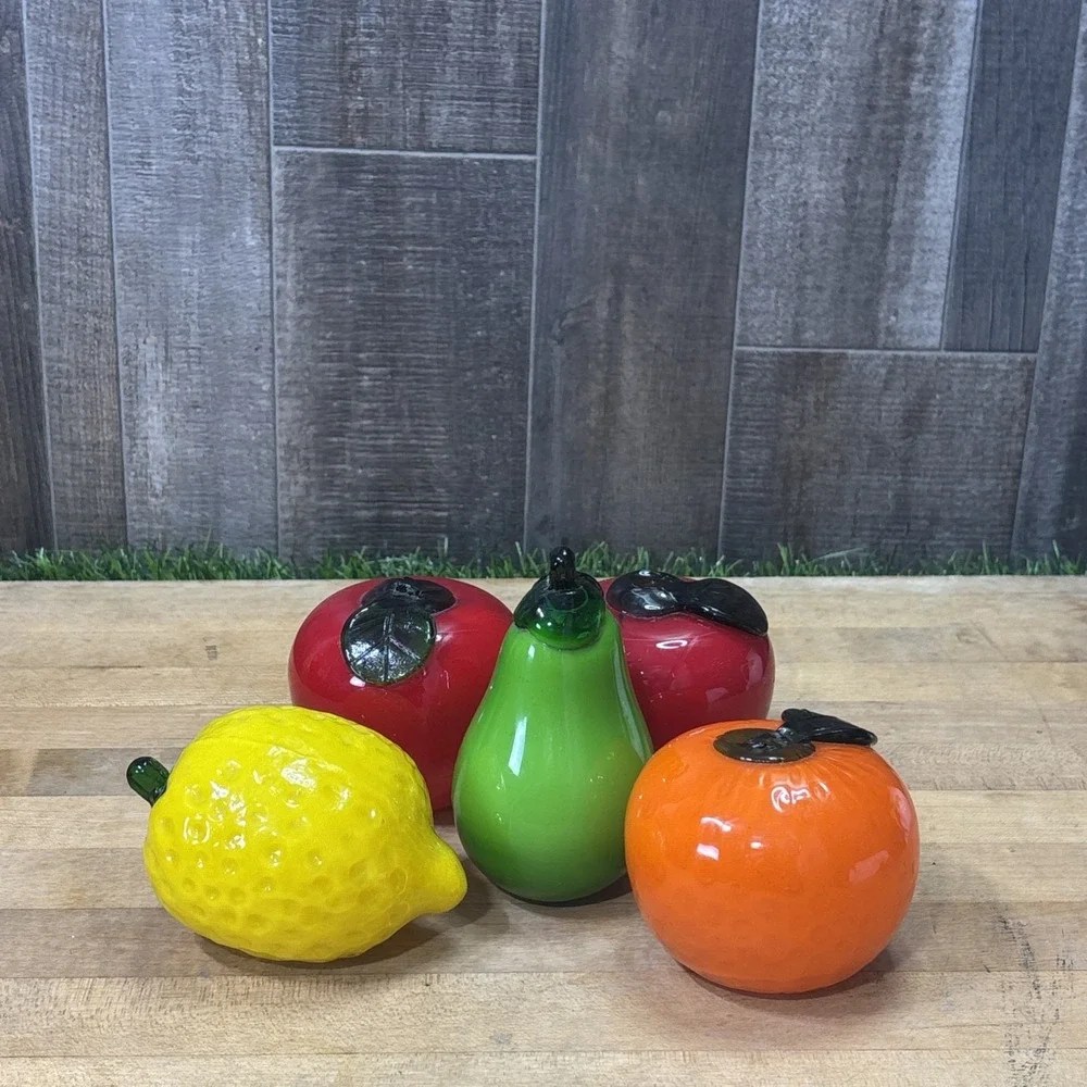 Vintage MCM Murano Style Hand Blown Art Glass Fruit Set of 5 Apples Lemon Pear